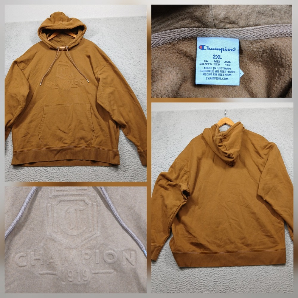 Champion 1919 Hoodie Men's 2XL Brown Embossed Logo Pullover Fleece Sweatshirt